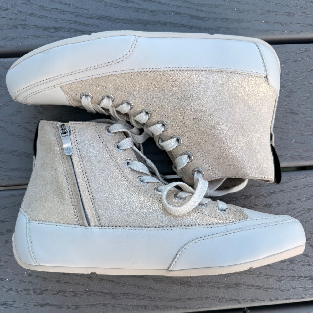 NWOB Bussola High Top Sneakers Metallic Suede Womens 37 Champagne Ivory Side Zip